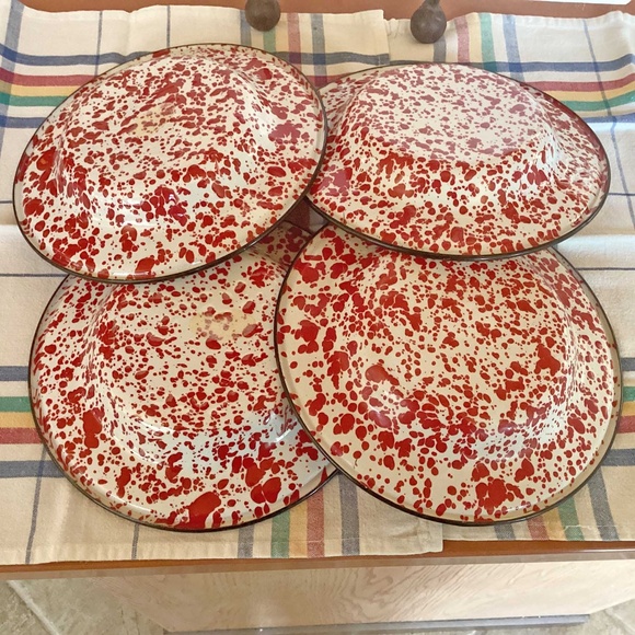 Enamelware 4 Soup/Salad Bowls Red Splatter 8" EUC - Picture 5 of 5